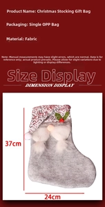 Gray gnome Christmas stocking with sequins and white beard, size detail 37cm x 24cm