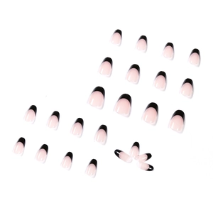 Kit de faux ongles French nude et noir minimaliste avec forme ronde courte et moyenne