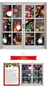 Detailed view of Christmas static window clings with Nordic gnomes and elk patterns