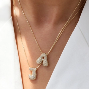 18k gold plated balloon letter A and J necklaces with zircon pavé on a box chain