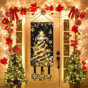 Golden Merry Christmas door banner with reindeer and tree on wooden door with warm LED lights