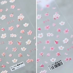 Sakura Cherry Blossom Relief Nail Stickers Self Adhesive Floral Design Pink White Manicure Decoration Accessories