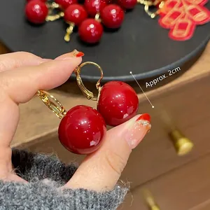 Boucles D'oreilles Pendantes En Résine Rouge Perle Ronde Géométrique Rétro Mode Pour Femmes