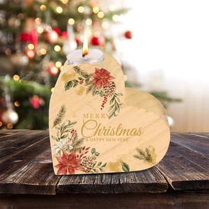 Wooden heart-shaped pine candle holder with floral print and Merry Christmas text