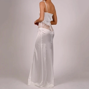 Sexy white satin and lace maxi dress featuring back slit and elegant strap details