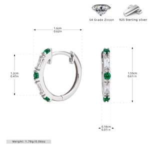 Detailed view of S925 sterling silver hoop earrings with green and white cubic zirconia