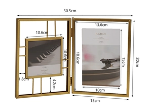 Detailed dimension drawing of minimalist gold metal folding picture frame 4x4 and 4x6 inch