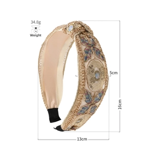 Detailed dimensions of gold lace embroidery headband with floral sequins and beads
