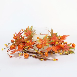 Detail of 35cm autumn candle ring with maple leaves, mini pumpkins, and glass holder
