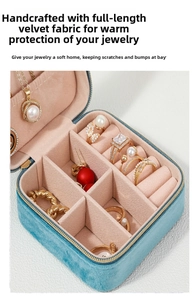 Detail of velvet jewelry box with ring slots and necklace compartments in sky blue