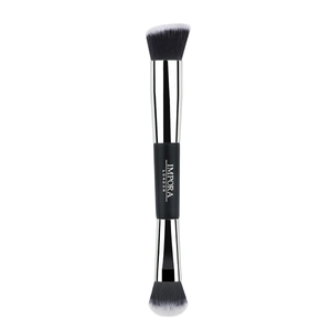 Dual-ended makeup brush with soft dual-color bristles and matte black handle