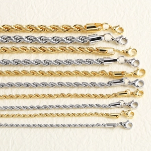 Various sizes of stainless steel rope chains in gold and silver with lobster clasps