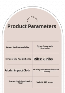 Detailed specifications of the 6-rib flat folding sun umbrella with UV black coating