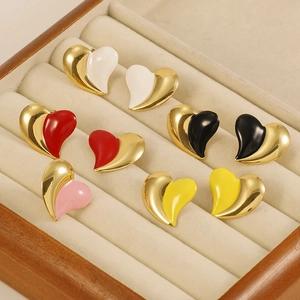 Fashion 18K Gold Plated Stainless Steel Heart Stud Earrings For Women Bicolor Enamel Drip Glaze Elegant Jewelry Gift
