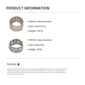 Detailed size and weight specifications for wide silver rhinestone stretch bracelets