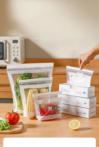 Detail of food-grade resealable bags in various sizes with dual-zip sealing for fresh produce