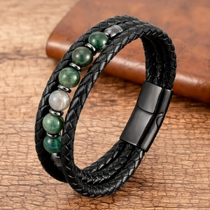 Multilayer leather wrap bracelet with green stone beads and black magnetic metal clasp