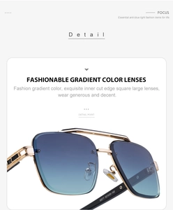 Detail of rimless square sunglasses with gradient blue lenses and gold metal frame temples