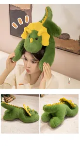 Detailed views of a green triceratops plush hat showing front, side and back angles