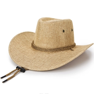 Cappello da cowboy in paglia di lino per uomo e donna con tesa larga e cordino regolabile
