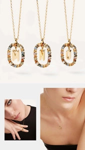 Detail of S925 silver alphabet pendant necklace with colorful zircon stones and gold finish