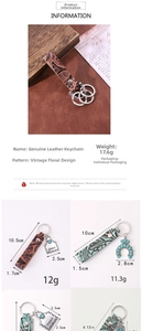 Detail view of embossed leather keychain with engraved blessed charm and turquoise stone