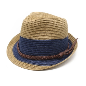 Mens two-tone straw Panama hat with blue contrast and woven leather band for summer