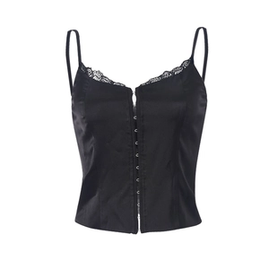 Detailed view of black satin camisole with lace trim and front hook-and-eye closure