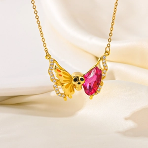 Titanium steel butterfly skull necklace with pink gemstone on beige silk fabric