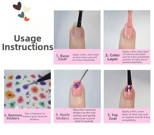 Macro view showing 5 easy steps to apply floral nail art stickers using tweezers