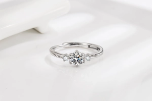 Macro shot of silver adjustable ring with round main stone and beaded edge details