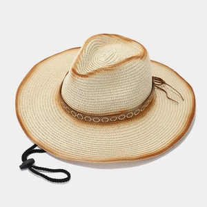 Chapeau de soleil en paille pour femme avec strass et bord style cowboy vintage