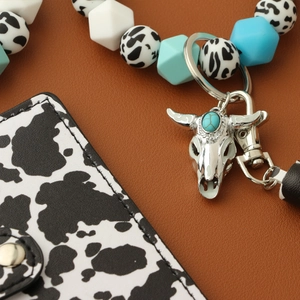 Luminous silicone cow print bead wristlet with bull skull charm and leather wallet set