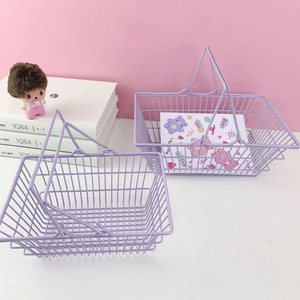 Mini purple metal desktop storage basket with dual handles and grid wire mesh design