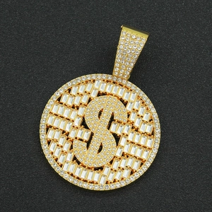 Close-up of golden dollar sign pendant fully paved with clear sparkling rhinestones