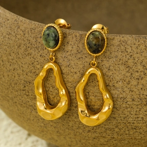 French style stainless steel gold earrings featuring green natural stone and geometric hoops