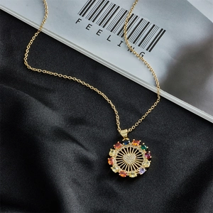 Luxurious 18K gold plated heart pendant necklace with multi-color zircon on black silk