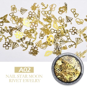 Golden mixed metal nail art rivets featuring butterfly, heart and clover shapes, model A02