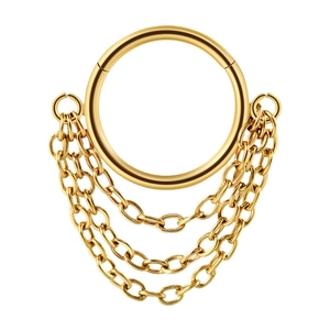 Golden stainless steel hinged nose ring with elegant layered dangling chains on white background