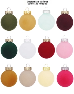 Close-up of 12-pack velvet flocked Christmas balls in diverse matte colors with metal caps