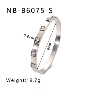 Polished silver stainless steel bangle with square zircon settings and size dimensions