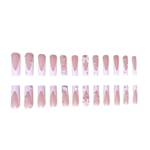 French white long coffin press-on nails set with pearls, bows, and 3D teddy bears