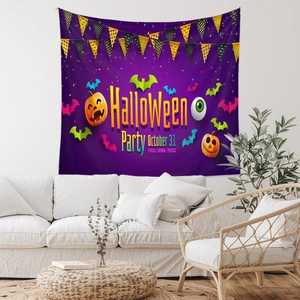 Detail of Halloween party tapestry featuring pumpkins and bats against a purple background