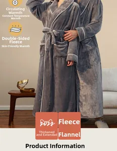 Detail of thick grey flannel bathrobe showing soft double-sided fleece and large side pockets