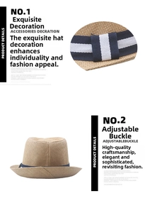 Detail of breathable straw sun hat with blue striped band and adjustable buckle feature