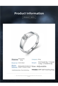 Detailed chart showing S925 silver moissanite ring specifications and adjustable band features