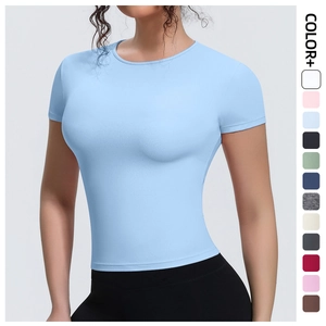 Haut de Yoga à Manches Courtes Coupe Ajustée pour Femme T-Shirt Athlétique Respirant à Séchage Rapide Course Entraînement Fitness Gym Haut Pull Col Rond Coupe Courte