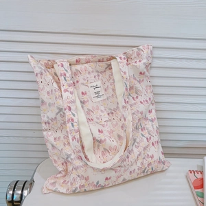 Cute bunny print canvas tote bag made of thickened off-white cotton fabric for daily use