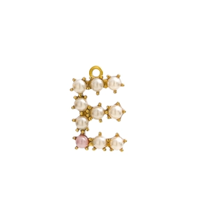 Detailed close-up of gold-plated letter E pendant with white and pink pearls