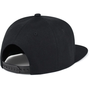 Rear view of black snapback hat with adjustable strap and flat brim design